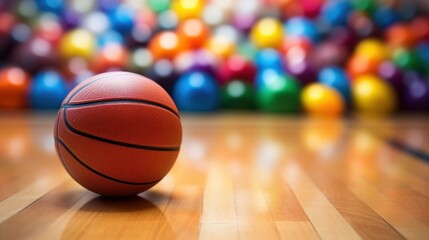 close-up of a basketball sitting on a wooden basketball court against blurred background with...