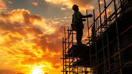 Construction worker wearing safety work at high uniform on scaffolding at construction site on during sunset,Working at height equipment.