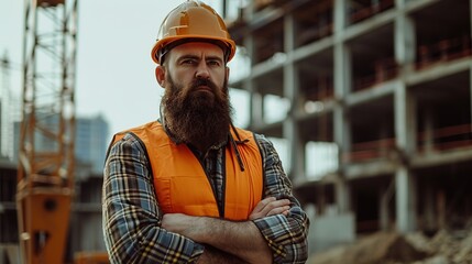 Cute bearded construction worker with safety helmet on head in vest standing with arms crossed at construction site and looking at camera