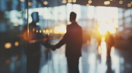 Defocused shot of two businesspeople shaking hands in an office - obrazy, fototapety, plakaty