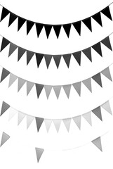 Set of black, grey gray, white plain classic pennant bunting garland chain on transparent background cutout, PNG file. Mockup template for artwork design. Colour collection