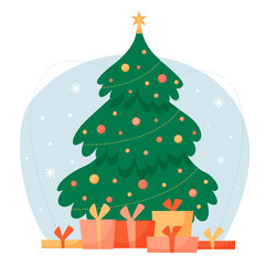 Christmas concept. Winter scene with a simple decorated Christmas tree and many gifts. Merry Christmas and a happy new year. 