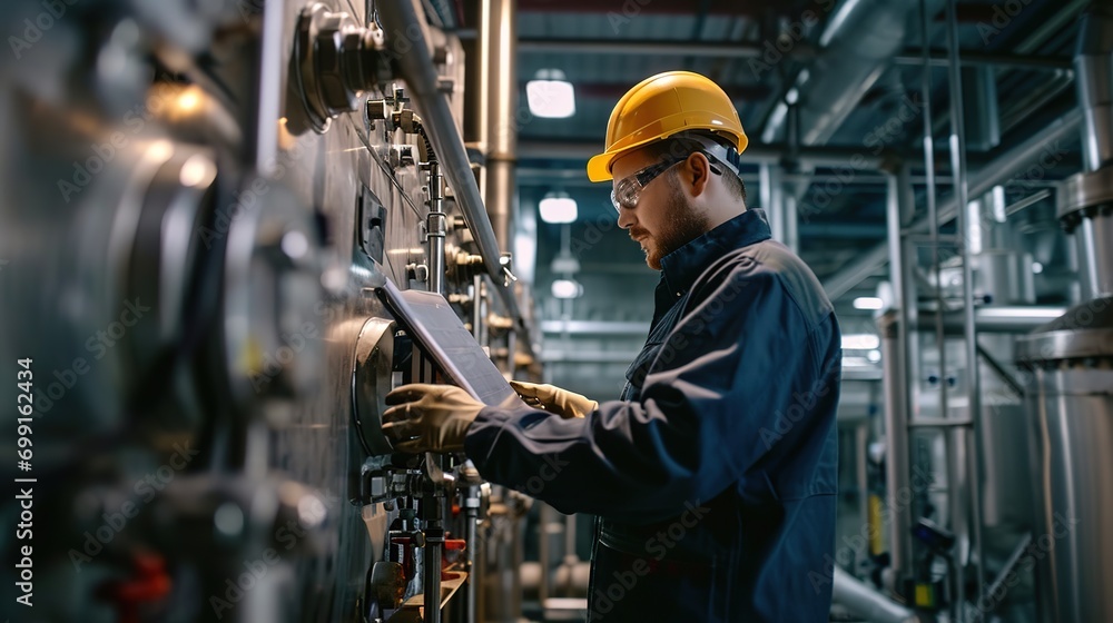 Poster effectively maintain a boiler system. service engineer checking the boiler pressure in control room 