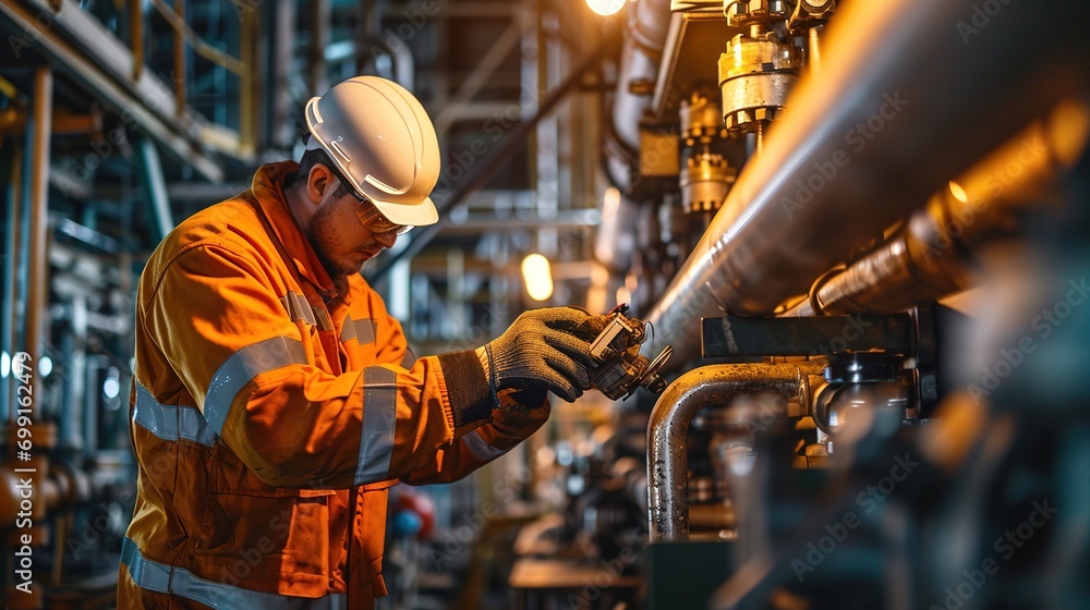Poster effectively maintain a boiler system. service engineer checking the boiler pressure in control room 