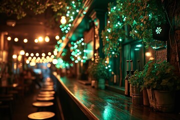 Luck of the Irish: Cozy Pub with Shamrocks and Green Lights