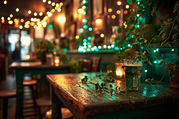Luck of the Irish: Cozy Pub with Shamrocks and Green Lights - obrazy, fototapety, plakaty