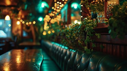 Luck of the Irish: Cozy Pub with Shamrocks and Green Lights