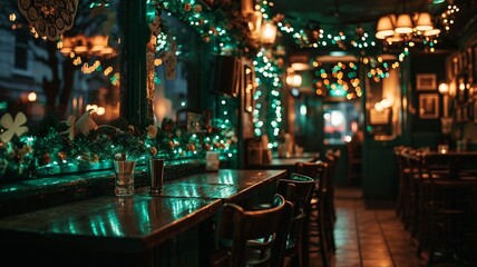 Fototapeta na wymiar Luck of the Irish: Cozy Pub with Shamrocks and Green Lights