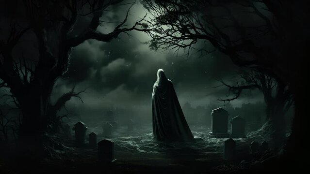 A strange ghostly form seems to materialize from nothing in the shadows of a moonlit cemetery.