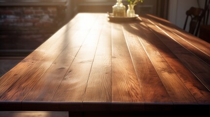 A pristine wooden table top reflecting the gentle rays of morning light.