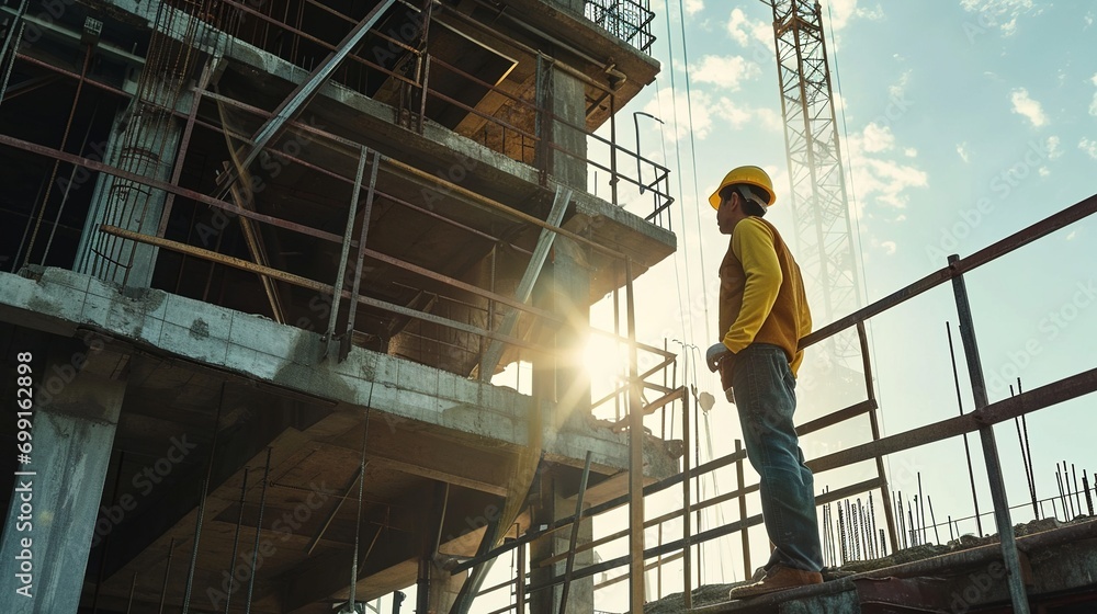 Aufkleber engineer technician watching team of workers on high steel platform,engineer technician looking up a
