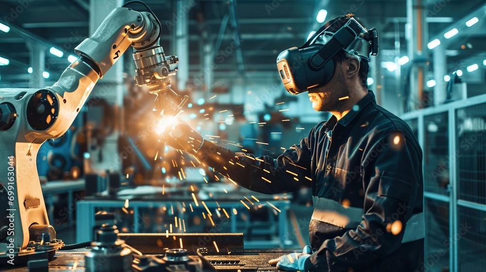 Aufkleber engineer using vr glasses for controlling the robotic welding arm in the factory production line