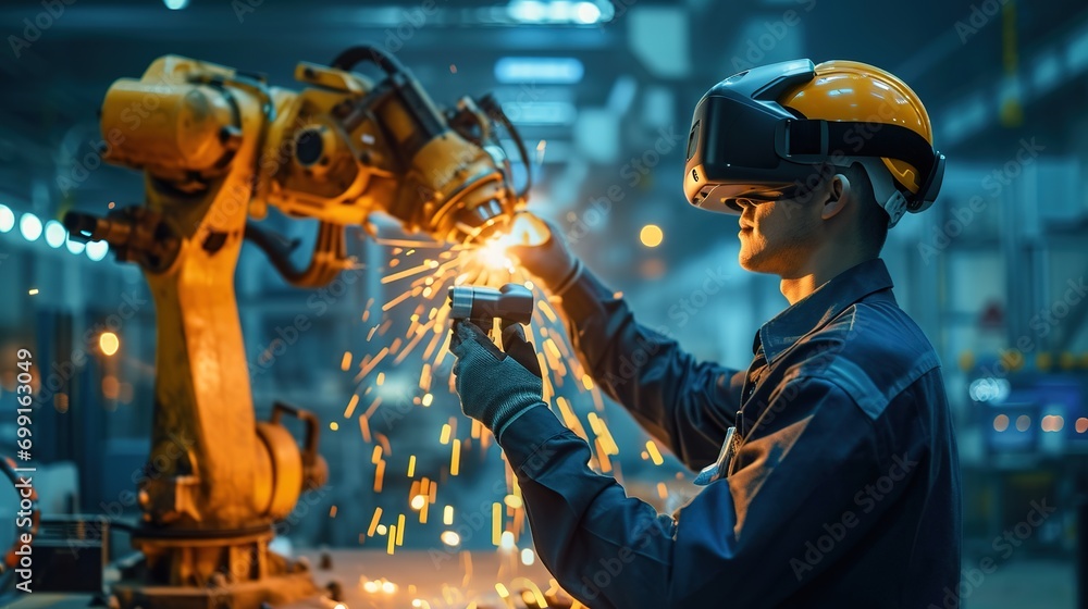 Poster engineer using vr glasses for controlling the robotic welding arm in the factory production line