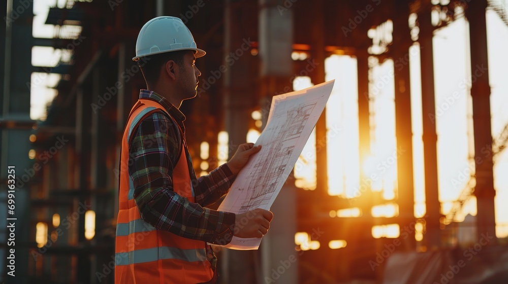 Poster engineering consulting people on construction site holding blueprint in his hand. building inspector