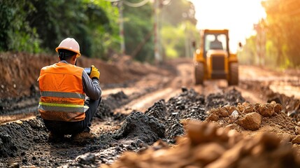 Engineer working on construction site, machine for road work background, Civil Engineers control and inspection with walkie-talkie, Soil and road work - obrazy, fototapety, plakaty