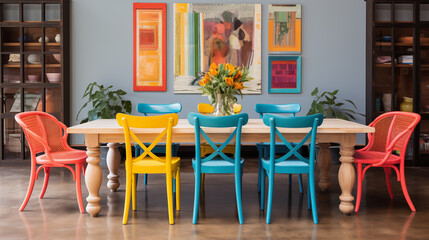 Fototapeta na wymiar Colorful Mismatched Chairs Around a Dining Table