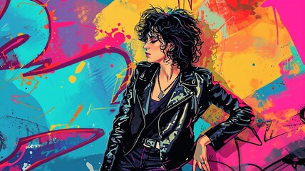 Retro 80s Pop Collage: Rock Singer with Graffiti Backdrop