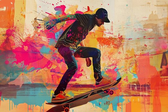 80s Urban Lifestyle: Skateboarder with Street Art Background