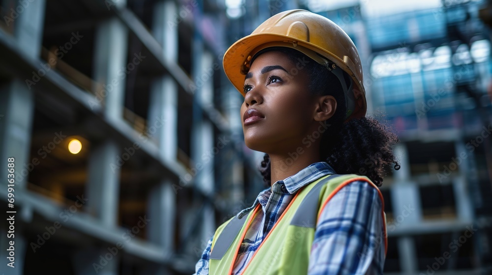 Poster female architect posing and looking at camera. portrait of architect standing at building site and l