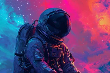 Foto op Plexiglas Cosmic Adventure: 80s Astronaut with Neon Galaxies Poster © Kristian
