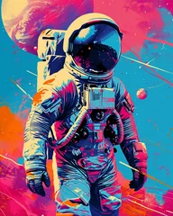 Foto op Plexiglas Cosmic Adventure: 80s Astronaut with Neon Galaxies Poster © Kristian