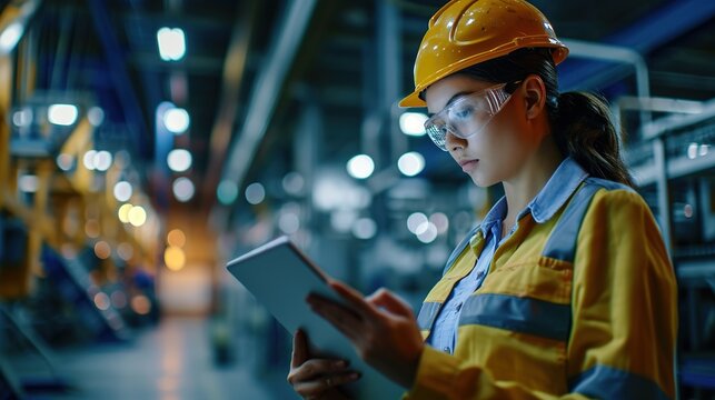 Female chief engineer in modern industrial factory using tablet and making audit