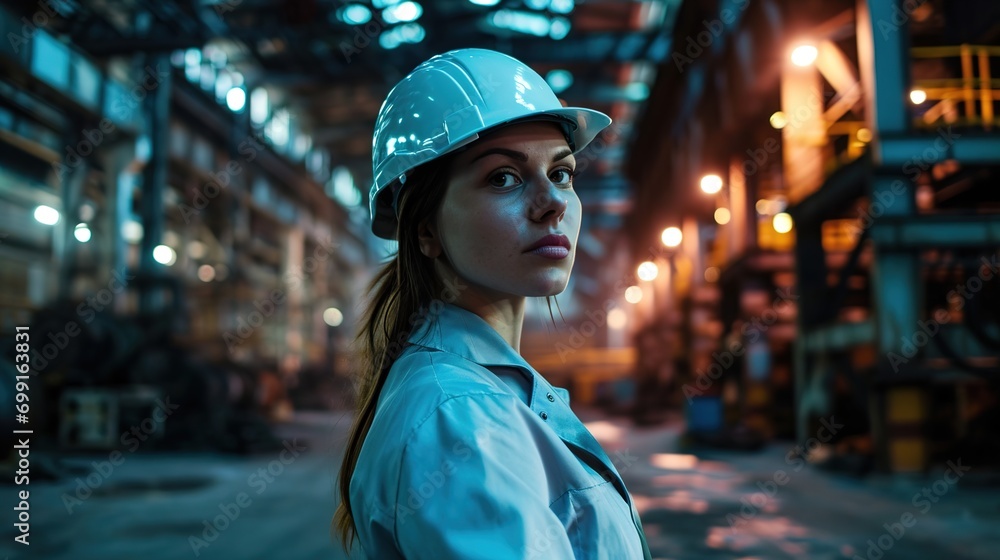 Sticker Female industrial engineer wearing a white helmet while standing in a heavy industrial factory