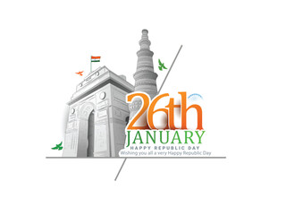 Vector sketch of indian monuments and statue of unity with creative calligraphy for india republic Day (26th January)