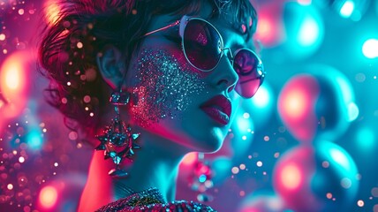 Retro Glam Rock: Model in Sequined Outfit with Neon Lights