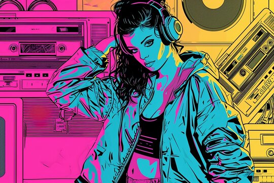 Retro Dance Party Fashion: Model in Neon Windbreaker and Leg Warmers