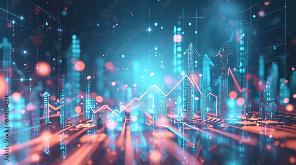 Poster futuristic raise arrow chart digital transformation abstract technology background. big data and bus