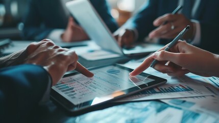 Financial analysts analyze business financial reports on a digital tablet planning investment project during a discussion at a meeting of corporate showing the results of their successful teamwork - obrazy, fototapety, plakaty