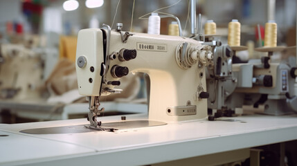 A sewing machine sewing fabric in a garment factory