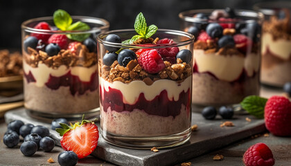 Freshness and sweetness in a homemade berry yogurt parfait dessert generated by AI - obrazy, fototapety, plakaty