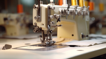 A sewing machine sewing fabric in a garment factory