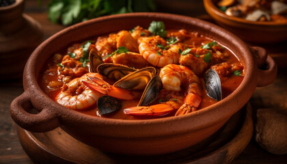 Fresh seafood stew with mussels, prawns, and crustaceans in tomato sauce generated by AI - obrazy, fototapety, plakaty