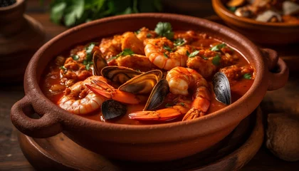 Deurstickers Fresh seafood stew with mussels, prawns, and crustaceans in tomato sauce generated by AI © Jeronimo Ramos