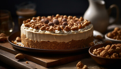 A fresh slice of homemade chocolate cheesecake on a wooden plate generated by AI