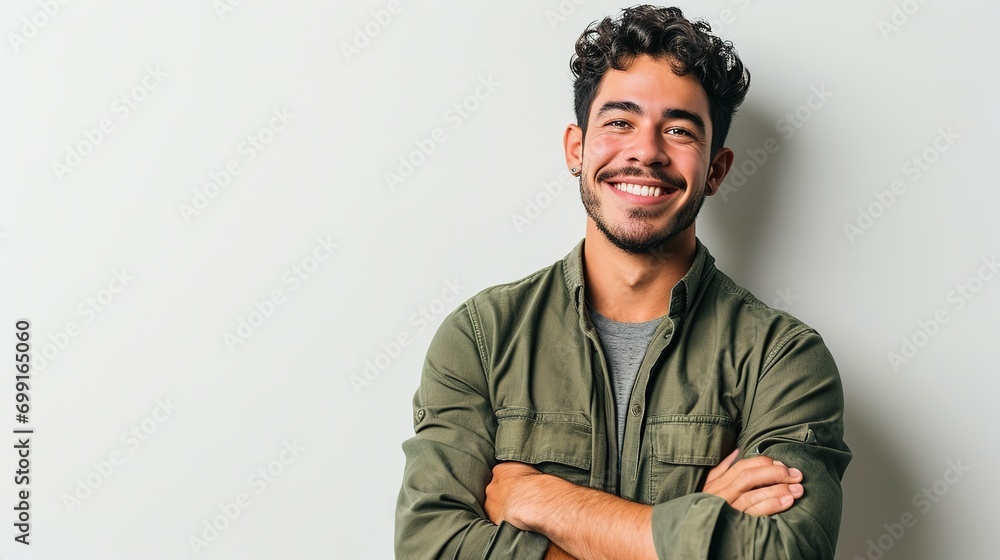 Sticker Handsome hispanic man standing over white background happy face smiling with crossed arms looking at the camera