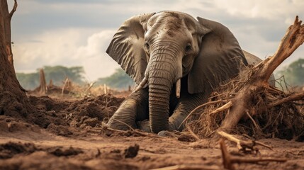 distressed elephant in a shrinking habitat due to human encroachment generative ai - obrazy, fototapety, plakaty