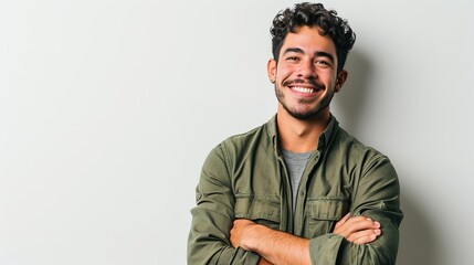 Handsome hispanic man standing over white background happy face smiling with crossed arms looking at the camera - obrazy, fototapety, plakaty