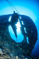 Tek diver with a rebreather visiting Levanzo wreck close to Sudan