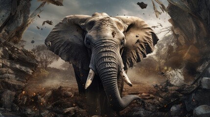 distressed elephant in a shrinking habitat due to human encroachment generative ai - obrazy, fototapety, plakaty