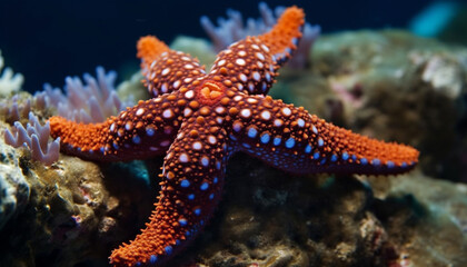 Underwater animal nature, reef starfish fish sea life water scuba diving generated by AI