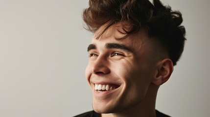 Happiness, family and emotions concept. Close-up portrait of handsome happy young man with stylish haircut, look away left empty space with pleased cheerful smile