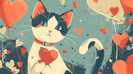 Illustration of a cute cat with valentines on the background