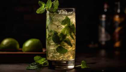 Refreshing mojito cocktail with mint leaf, lime, and citrus fruit generated by AI