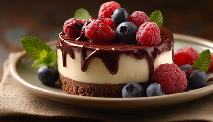 Freshness and indulgence on a plate homemade berry mousse cheesecake generated by AI