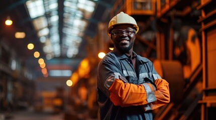 Fototapeta premium Happy Professional Heavy Industry Engineer Worker Wearing Uniform, Glasses and Hard Hat in a Steel Factory.
