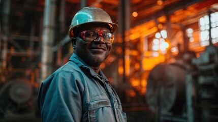 Happy Professional Heavy Industry Engineer Worker Wearing Uniform, Glasses and Hard Hat in a Steel Factory.
